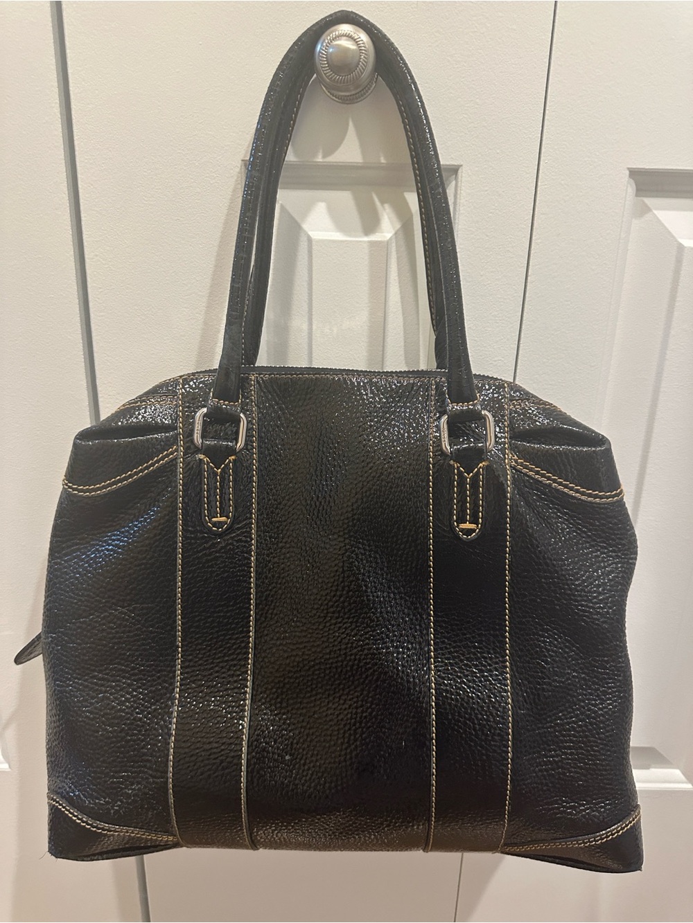 Fendi Black Parent Leather Tote Bag with Contrast Stitching Made in Italy